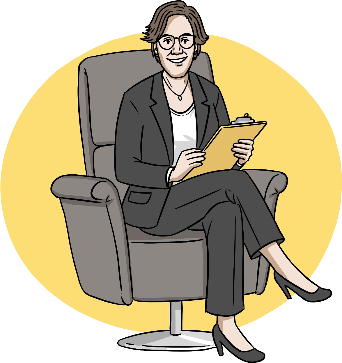 Illustration einer Therapeutin im Sessel mit Klemmbrett